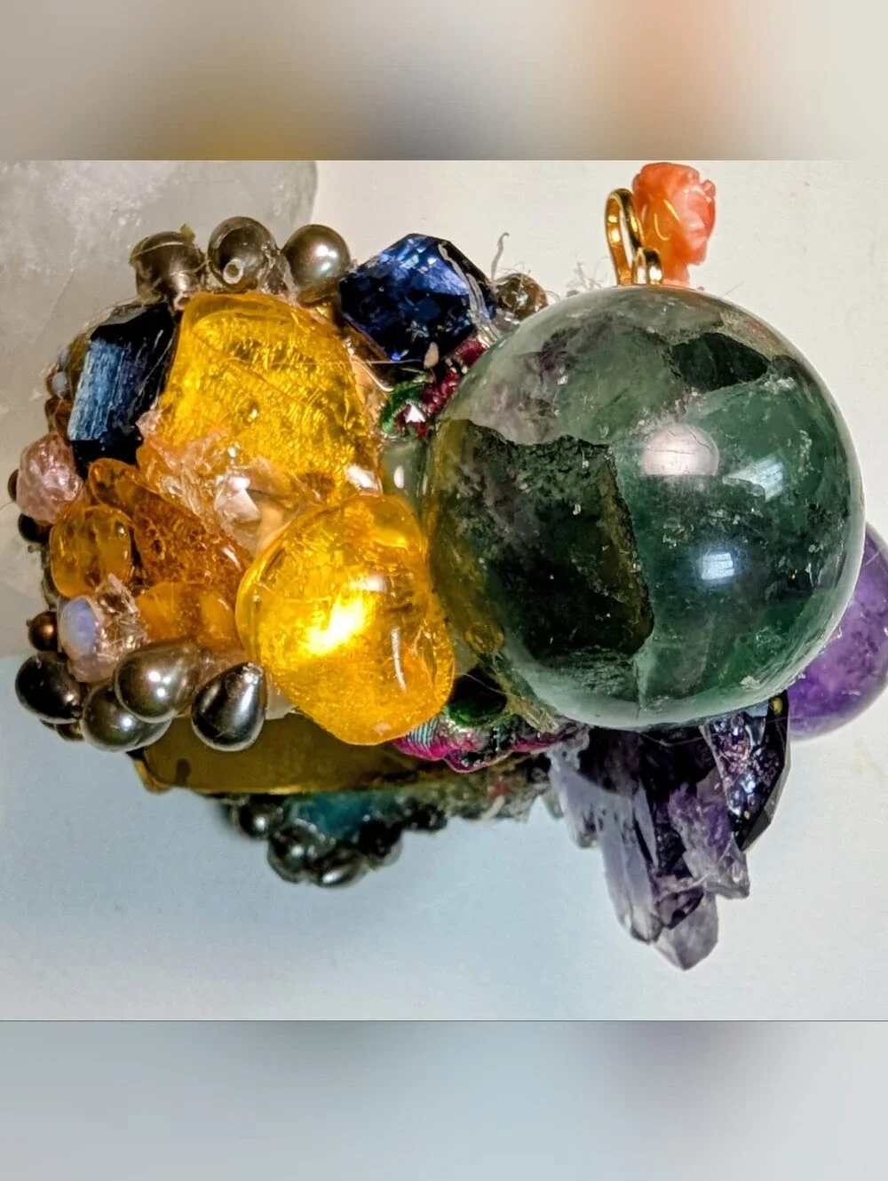 Wendy Gell cuff amethyst slice with two globes Swarovski jewels Tiger eye Amber
